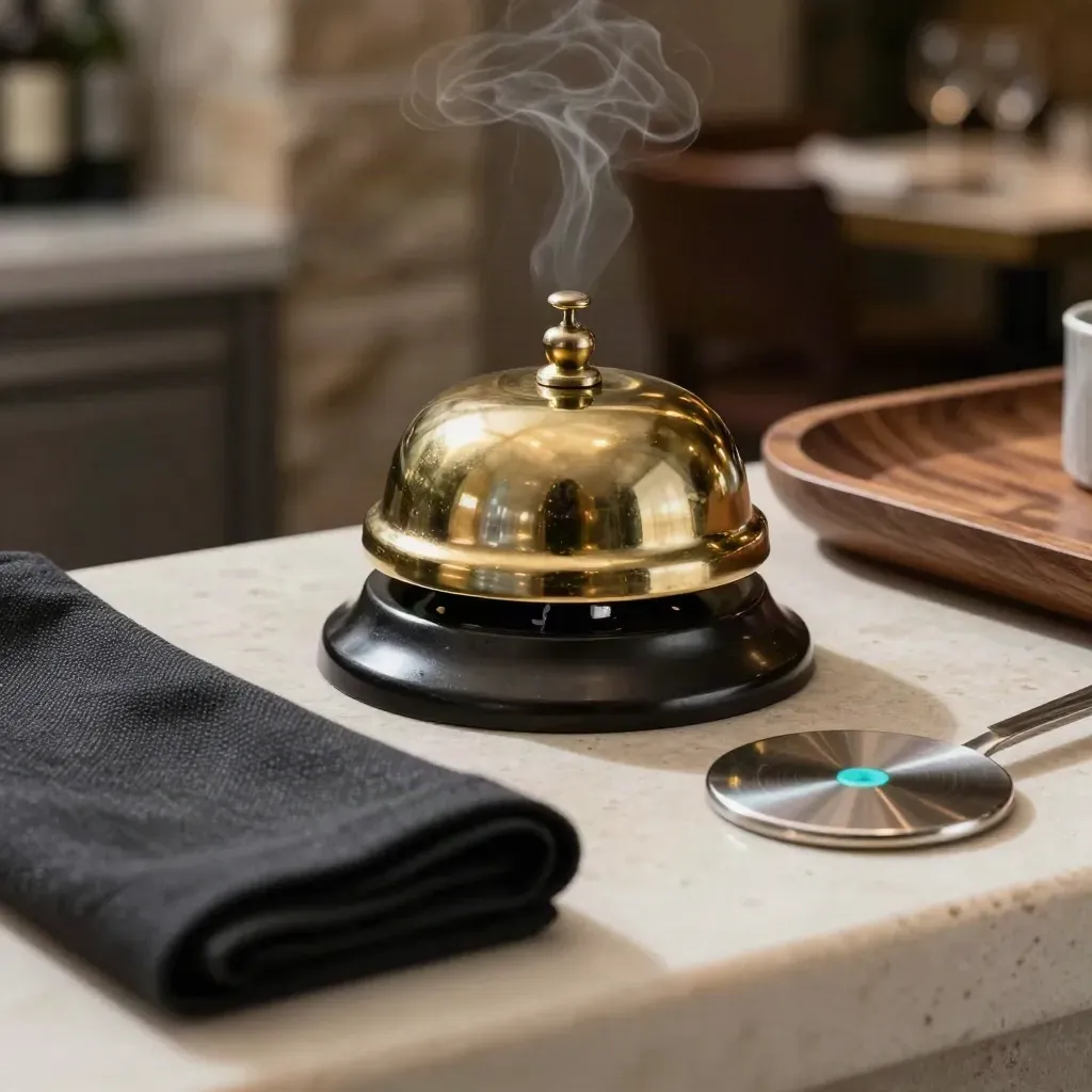 Campana de hostelería, lino negro y bandeja de nogal sobre piedra, con vapor suave.