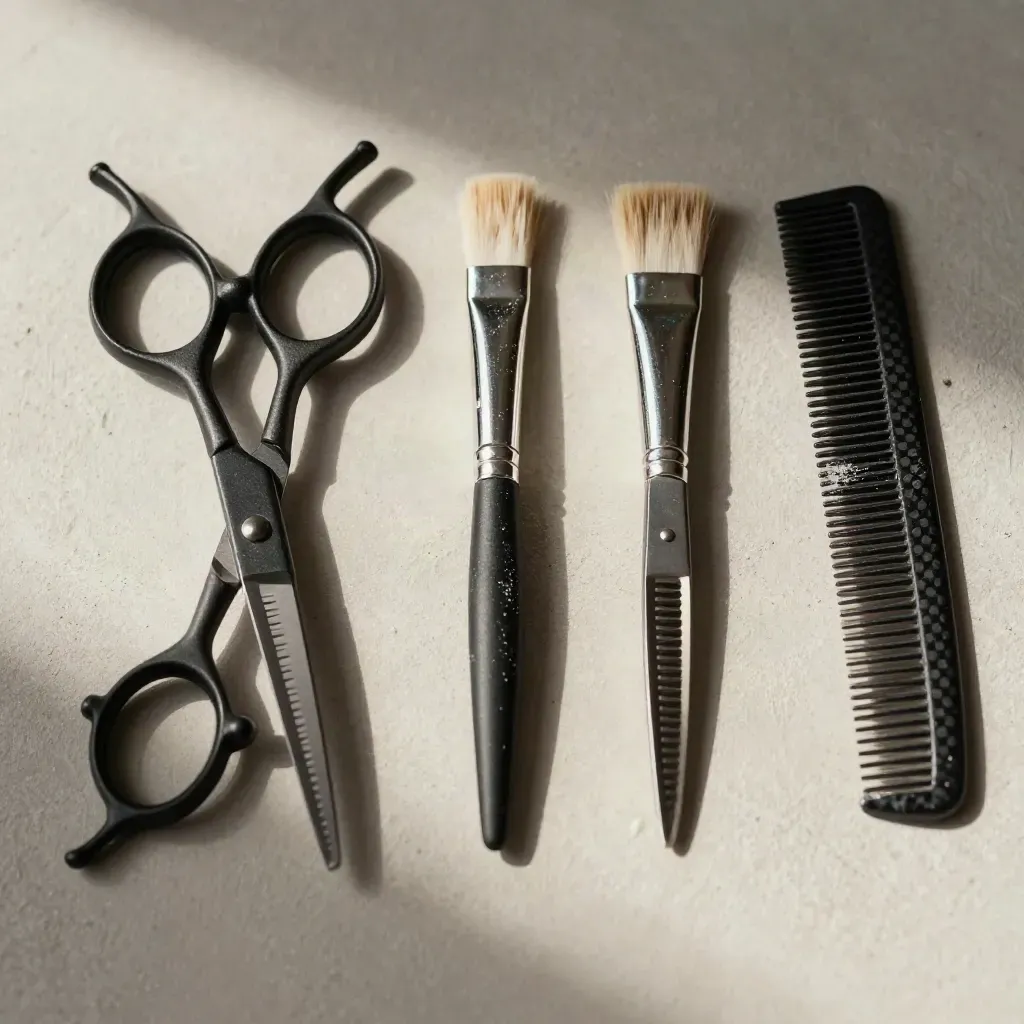 Tijeras, pinzas, brocha y peine de barbería sobre yeso claro, con polvo de tinte.