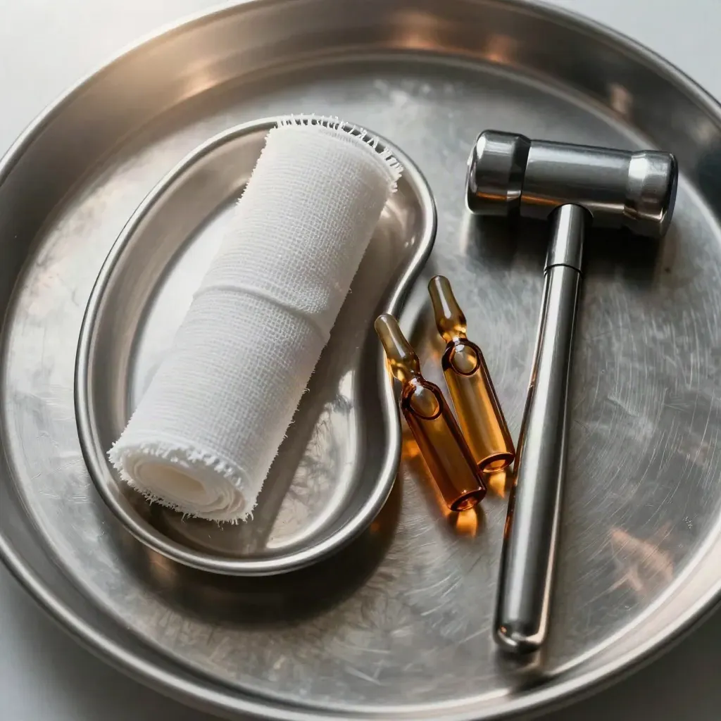 Bandeja clínica de acero, gasas, martillo de reflejos y ampollas ámbar sobre metal cepillado.