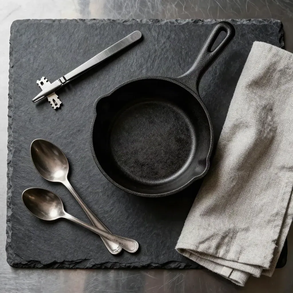 Utensilios de cocina sobre pizarra: ramequín, pinzas, cucharas y servilleta de lino, vista cenital.