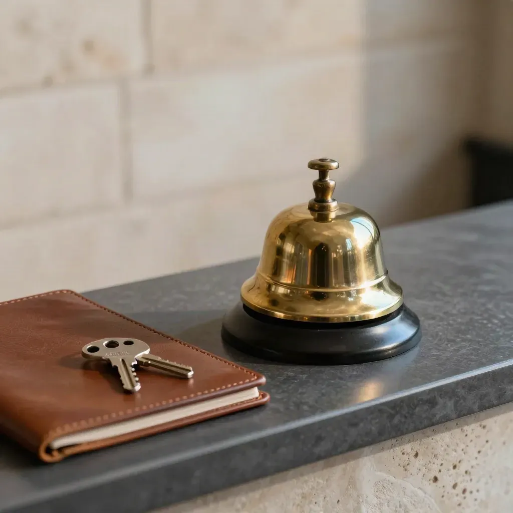 Campana de recepción de latón, carpeta de cuero y bandeja de llaves sobre mostrador de piedra.
