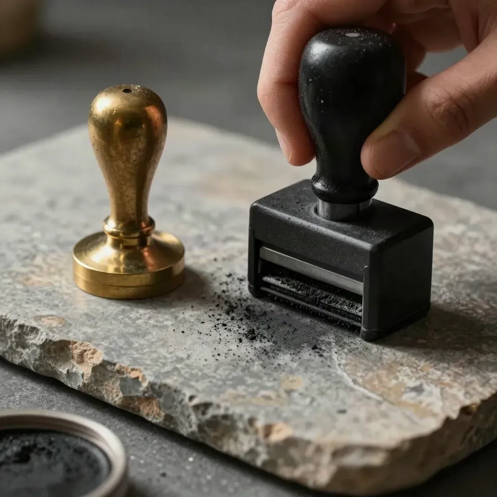Sello de goma comprimido junto a un sello de latón y la tapa del tampón sobre piedra gastada.