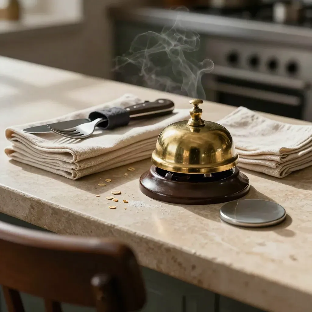 Campana de hostelería y servilletas sobre piedra, con vapor de cocina y cubertería.