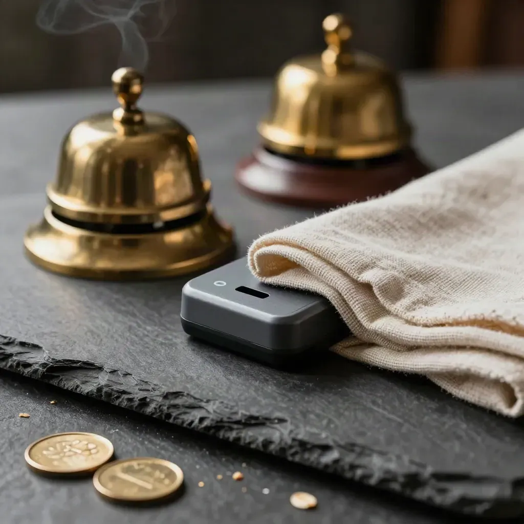 Campana de mesa de latón, lector contactless y bandeja sobre pizarra con luz cálida.