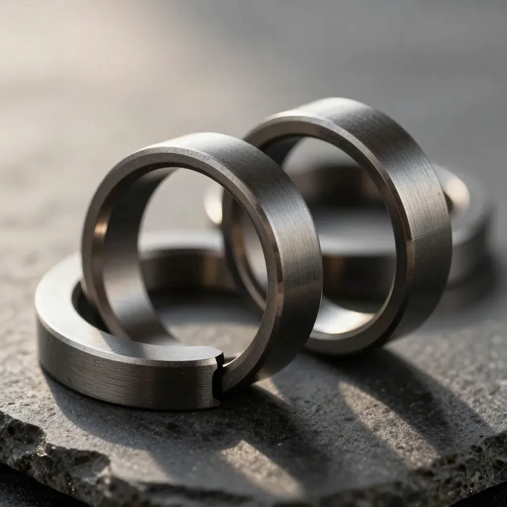 Rings de acero y un conector central sobre piedra oscura, estilo macro premium.